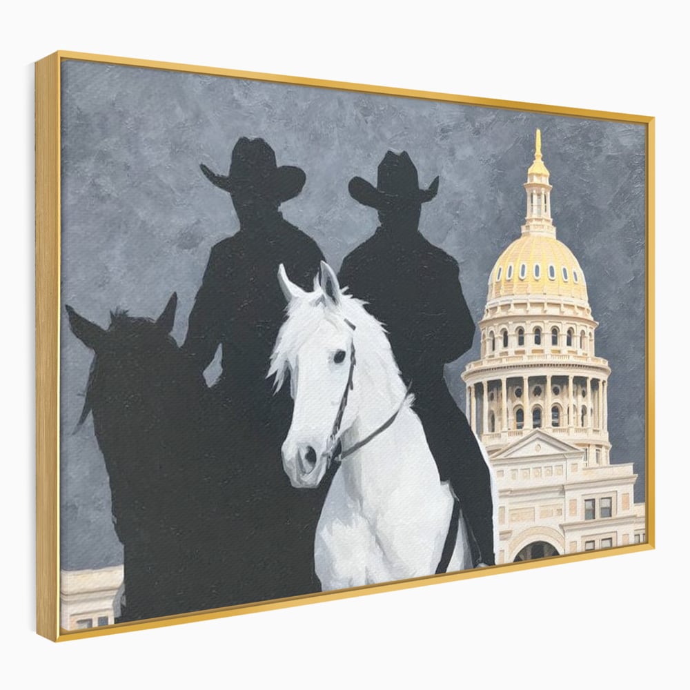 Leinwand Wandkunst Canvas Wall Art Premium, LuxCanva® M1541, Snow Patrol, Reiter, Schatten, Urban, Weißes Pferd, Cowboy, Silhouette, Mystery, Gebäude, Schlafzimmer, Büro, Wohnen, Wohnzimmer, Kinderzimmer