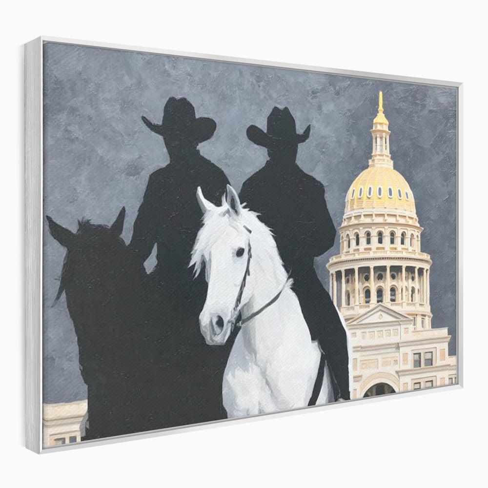 Leinwand Wandkunst Canvas Wall Art Premium, LuxCanva® M1541, Snow Patrol, Reiter, Schatten, Urban, Weißes Pferd, Cowboy, Silhouette, Mystery, Gebäude, Schlafzimmer, Büro, Wohnen, Wohnzimmer, Kinderzimmer