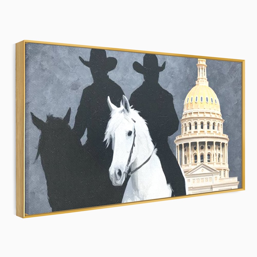 Leinwand Wandkunst Canvas Wall Art Premium, LuxCanva® M1541, Snow Patrol, Reiter, Schatten, Urban, Weißes Pferd, Cowboy, Silhouette, Mystery, Gebäude, Schlafzimmer, Büro, Wohnen, Wohnzimmer, Kinderzimmer