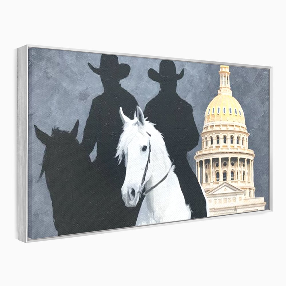 Leinwand Wandkunst Canvas Wall Art Premium, LuxCanva® M1541, Snow Patrol, Reiter, Schatten, Urban, Weißes Pferd, Cowboy, Silhouette, Mystery, Gebäude, Schlafzimmer, Büro, Wohnen, Wohnzimmer, Kinderzimmer
