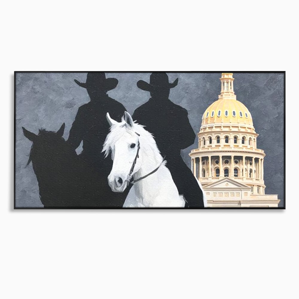 Leinwand Wandkunst Canvas Wall Art Premium, LuxCanva® M1541, Snow Patrol, Reiter, Schatten, Urban, Weißes Pferd, Cowboy, Silhouette, Mystery, Gebäude, Schlafzimmer, Büro, Wohnen, Wohnzimmer, Kinderzimmer