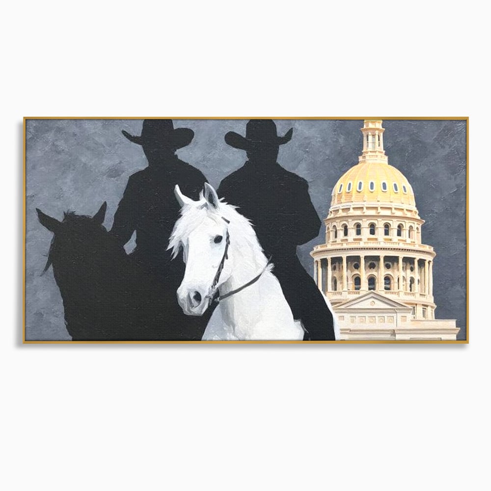 Leinwand Wandkunst Canvas Wall Art Premium, LuxCanva® M1541, Snow Patrol, Reiter, Schatten, Urban, Weißes Pferd, Cowboy, Silhouette, Mystery, Gebäude, Schlafzimmer, Büro, Wohnen, Wohnzimmer, Kinderzimmer