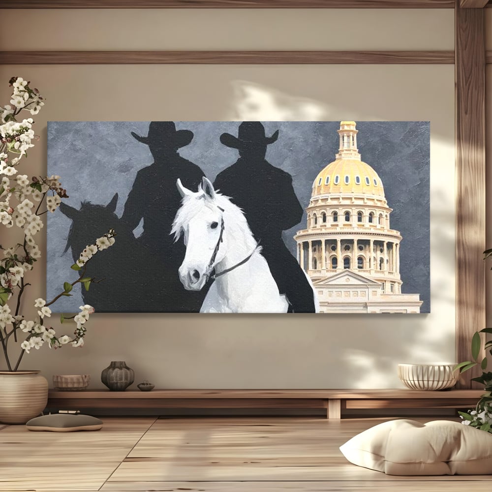 Leinwand Wandkunst Canvas Wall Art Premium, LuxCanva® M1541, Snow Patrol, Reiter, Schatten, Urban, Weißes Pferd, Cowboy, Silhouette, Mystery, Gebäude, Schlafzimmer, Büro, Wohnen, Wohnzimmer, Kinderzimmer