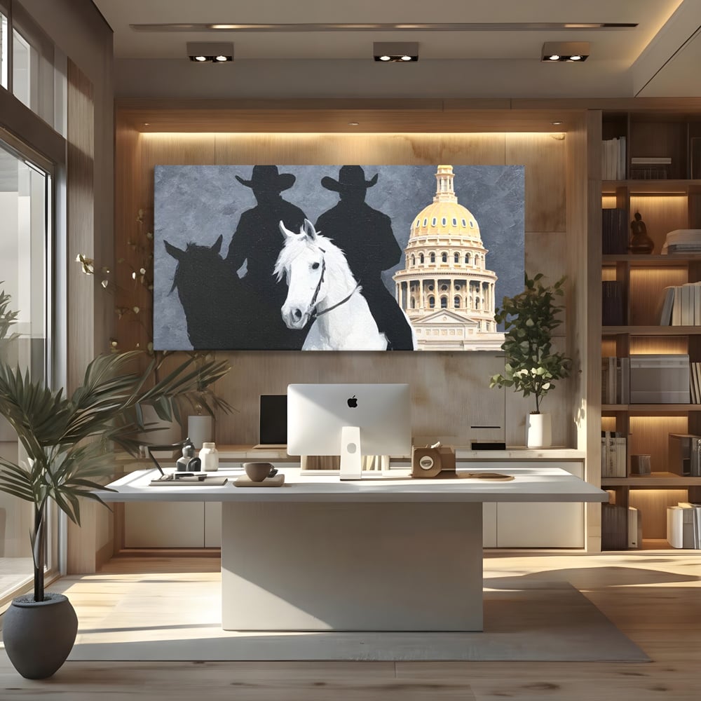 Leinwand Wandkunst Canvas Wall Art Premium, LuxCanva® M1541, Snow Patrol, Reiter, Schatten, Urban, Weißes Pferd, Cowboy, Silhouette, Mystery, Gebäude, Schlafzimmer, Büro, Wohnen, Wohnzimmer, Kinderzimmer