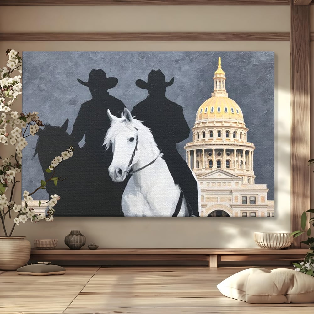 Leinwand Wandkunst Canvas Wall Art Premium, LuxCanva® M1541, Snow Patrol, Reiter, Schatten, Urban, Weißes Pferd, Cowboy, Silhouette, Mystery, Gebäude, Schlafzimmer, Büro, Wohnen, Wohnzimmer, Kinderzimmer