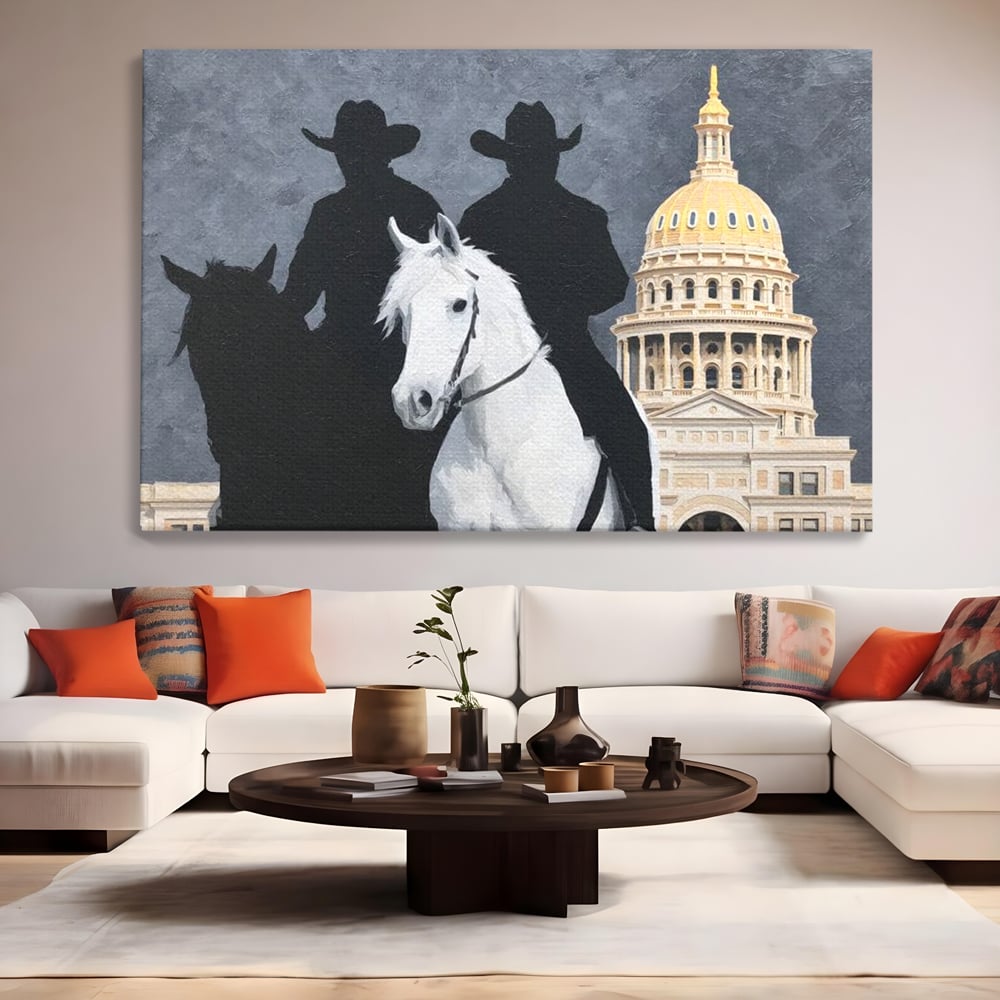 Leinwand Wandkunst Canvas Wall Art Premium, LuxCanva® M1541, Snow Patrol, Reiter, Schatten, Urban, Weißes Pferd, Cowboy, Silhouette, Mystery, Gebäude, Schlafzimmer, Büro, Wohnen, Wohnzimmer, Kinderzimmer