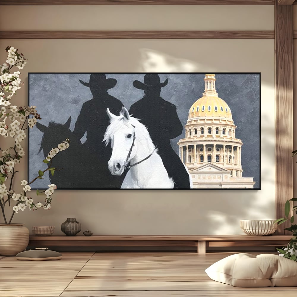 Leinwand Wandkunst Canvas Wall Art Premium, LuxCanva® M1541, Snow Patrol, Reiter, Schatten, Urban, Weißes Pferd, Cowboy, Silhouette, Mystery, Gebäude, Schlafzimmer, Büro, Wohnen, Wohnzimmer, Kinderzimmer