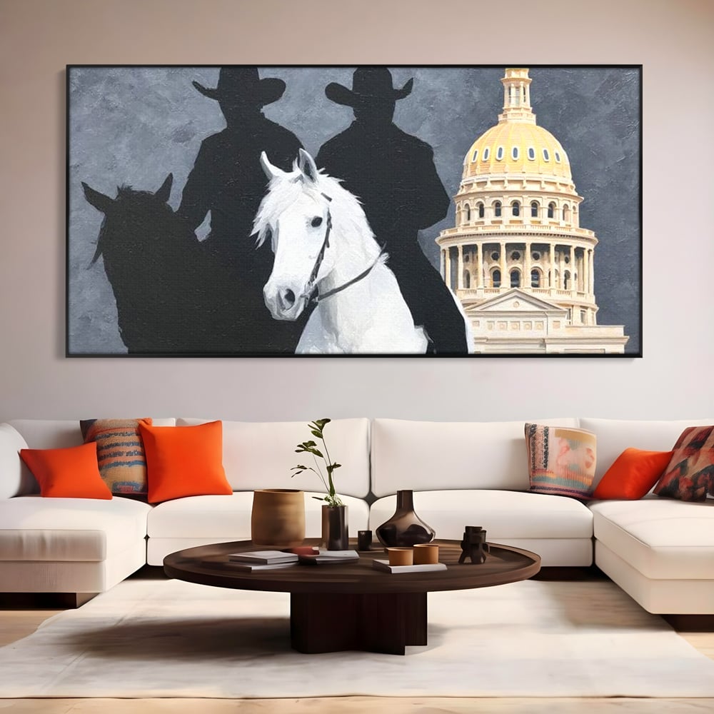 Leinwand Wandkunst Canvas Wall Art Premium, LuxCanva® M1541, Snow Patrol, Reiter, Schatten, Urban, Weißes Pferd, Cowboy, Silhouette, Mystery, Gebäude, Schlafzimmer, Büro, Wohnen, Wohnzimmer, Kinderzimmer