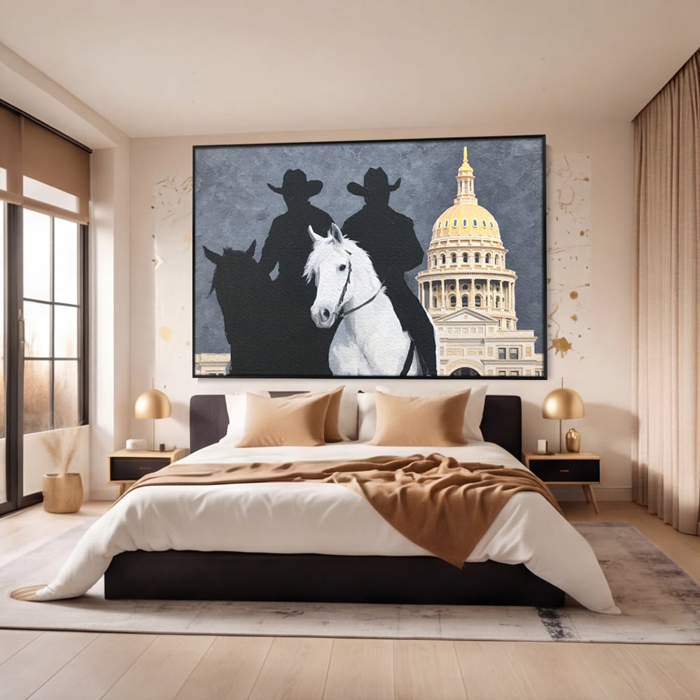 Leinwand Wandkunst Canvas Wall Art Premium, LuxCanva® M1541, Snow Patrol, Reiter, Schatten, Urban, Weißes Pferd, Cowboy, Silhouette, Mystery, Gebäude, Schlafzimmer, Büro, Wohnen, Wohnzimmer, Kinderzimmer