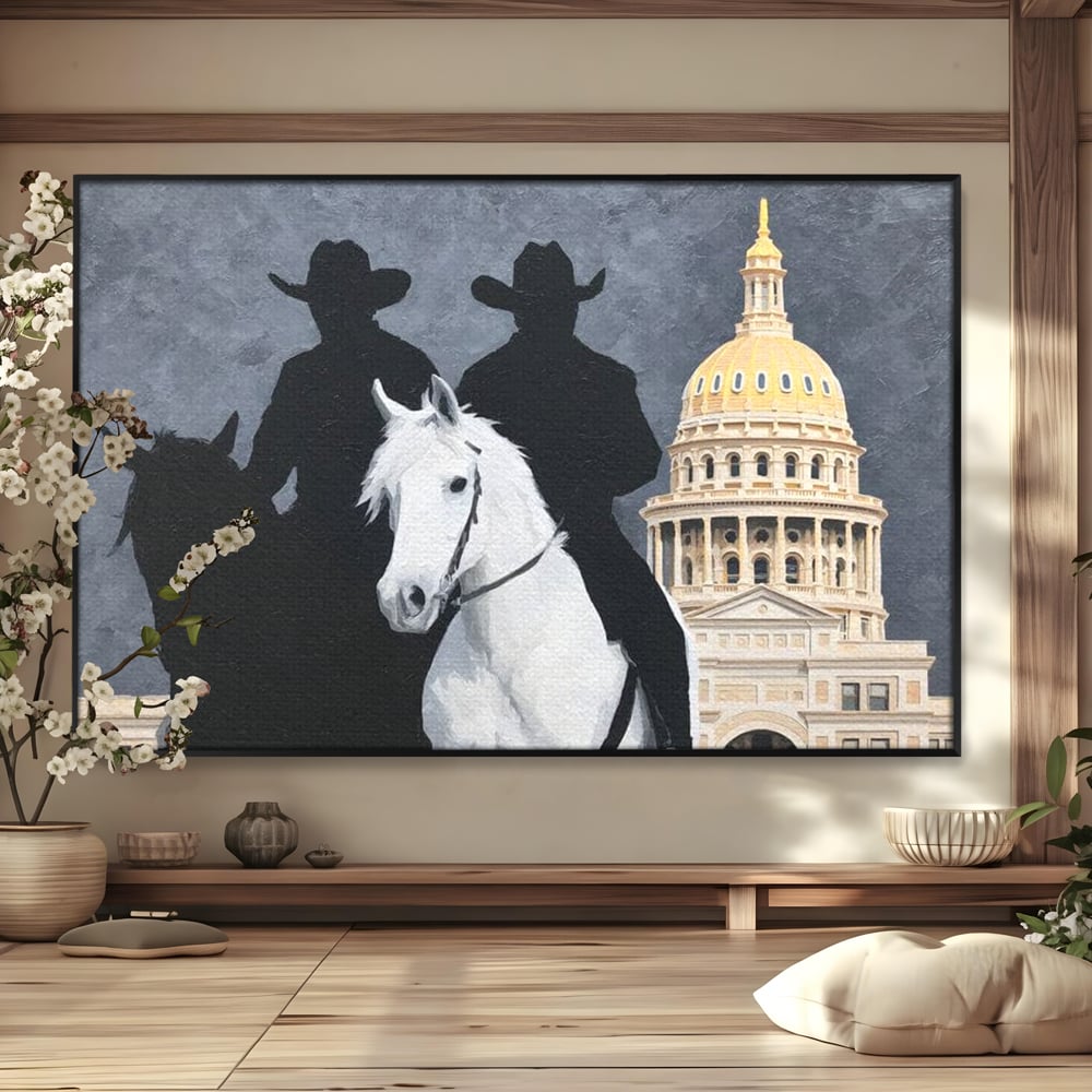Leinwand Wandkunst Canvas Wall Art Premium, LuxCanva® M1541, Snow Patrol, Reiter, Schatten, Urban, Weißes Pferd, Cowboy, Silhouette, Mystery, Gebäude, Schlafzimmer, Büro, Wohnen, Wohnzimmer, Kinderzimmer