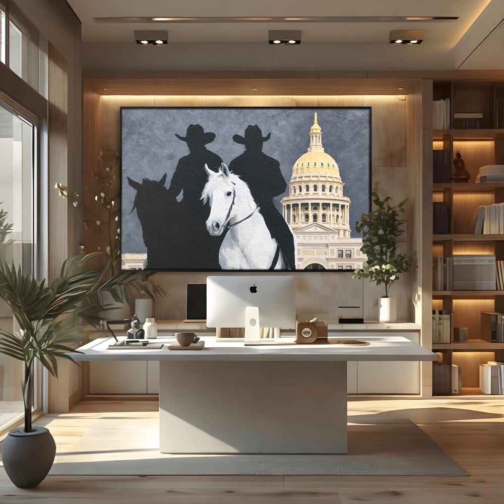 Leinwand Wandkunst Canvas Wall Art Premium, LuxCanva® M1541, Snow Patrol, Reiter, Schatten, Urban, Weißes Pferd, Cowboy, Silhouette, Mystery, Gebäude, Schlafzimmer, Büro, Wohnen, Wohnzimmer, Kinderzimmer