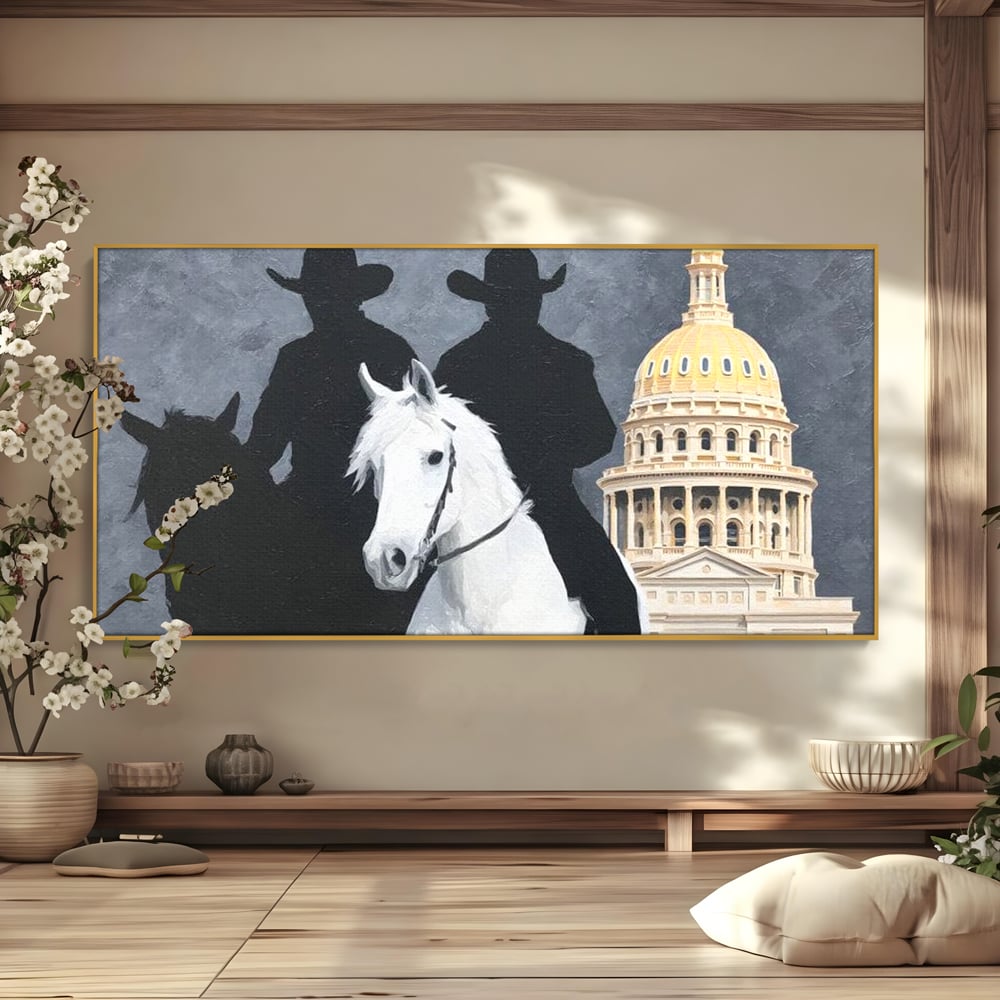 Leinwand Wandkunst Canvas Wall Art Premium, LuxCanva® M1541, Snow Patrol, Reiter, Schatten, Urban, Weißes Pferd, Cowboy, Silhouette, Mystery, Gebäude, Schlafzimmer, Büro, Wohnen, Wohnzimmer, Kinderzimmer