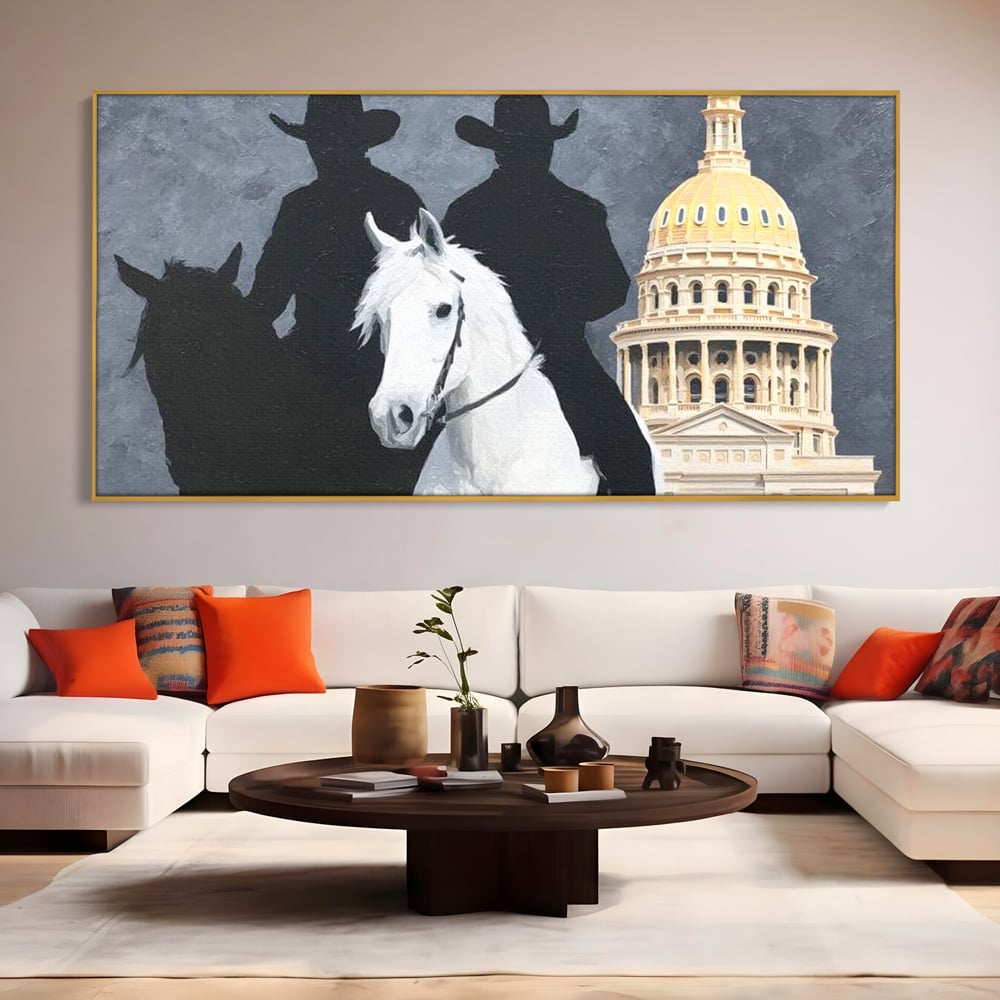 Leinwand Wandkunst Canvas Wall Art Premium, LuxCanva® M1541, Snow Patrol, Reiter, Schatten, Urban, Weißes Pferd, Cowboy, Silhouette, Mystery, Gebäude, Schlafzimmer, Büro, Wohnen, Wohnzimmer, Kinderzimmer