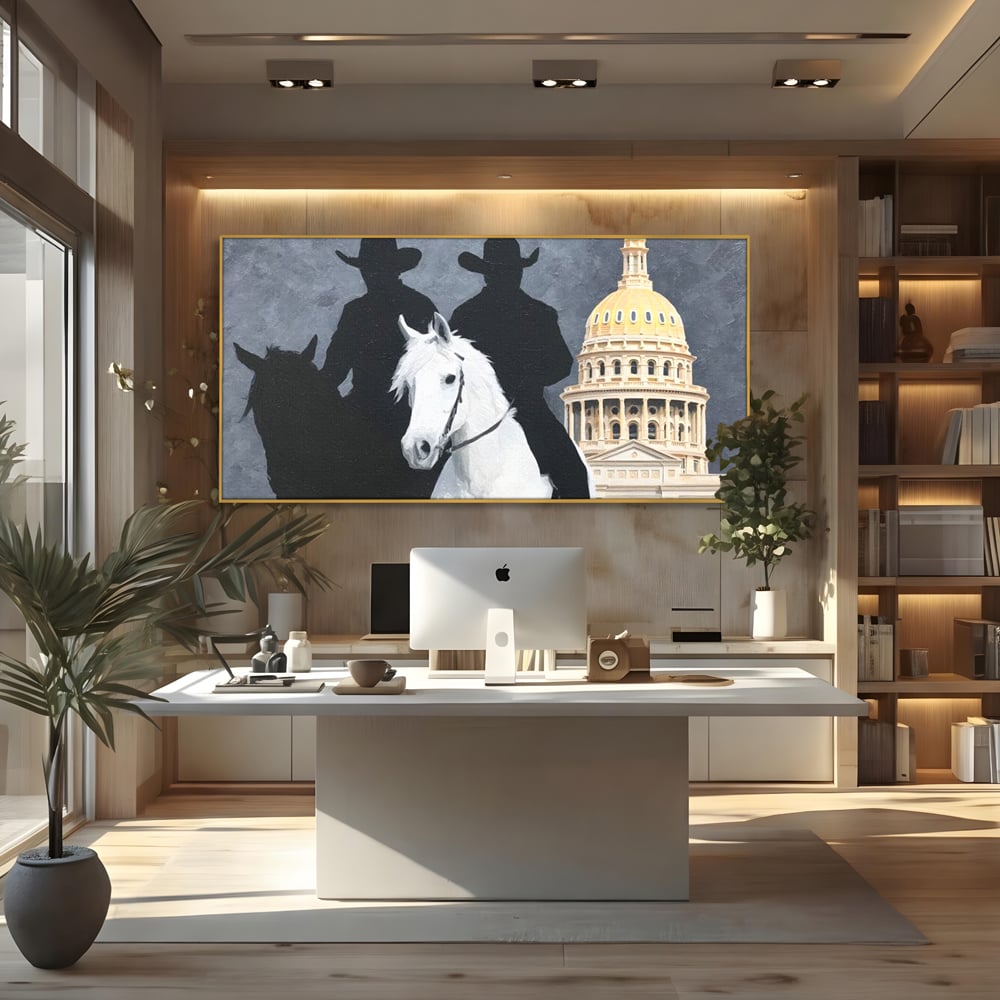 Leinwand Wandkunst Canvas Wall Art Premium, LuxCanva® M1541, Snow Patrol, Reiter, Schatten, Urban, Weißes Pferd, Cowboy, Silhouette, Mystery, Gebäude, Schlafzimmer, Büro, Wohnen, Wohnzimmer, Kinderzimmer