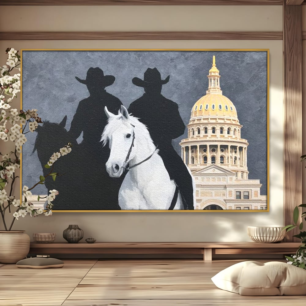 Leinwand Wandkunst Canvas Wall Art Premium, LuxCanva® M1541, Snow Patrol, Reiter, Schatten, Urban, Weißes Pferd, Cowboy, Silhouette, Mystery, Gebäude, Schlafzimmer, Büro, Wohnen, Wohnzimmer, Kinderzimmer