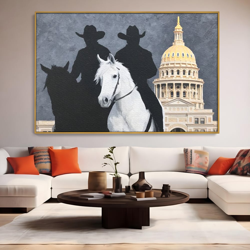 Leinwand Wandkunst Canvas Wall Art Premium, LuxCanva® M1541, Snow Patrol, Reiter, Schatten, Urban, Weißes Pferd, Cowboy, Silhouette, Mystery, Gebäude, Schlafzimmer, Büro, Wohnen, Wohnzimmer, Kinderzimmer