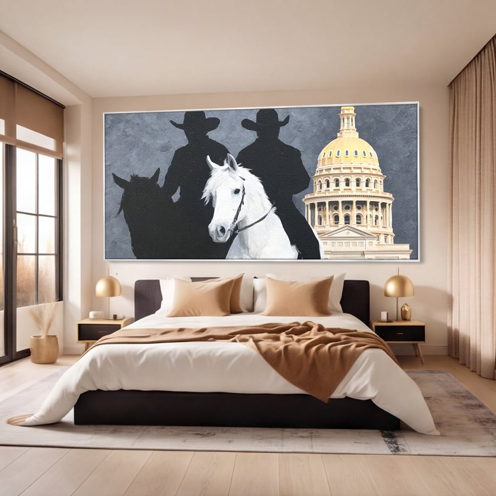Leinwand Wandkunst Canvas Wall Art Premium, LuxCanva® M1541, Snow Patrol, Reiter, Schatten, Urban, Weißes Pferd, Cowboy, Silhouette, Mystery, Gebäude, Schlafzimmer, Büro, Wohnen, Wohnzimmer, Kinderzimmer