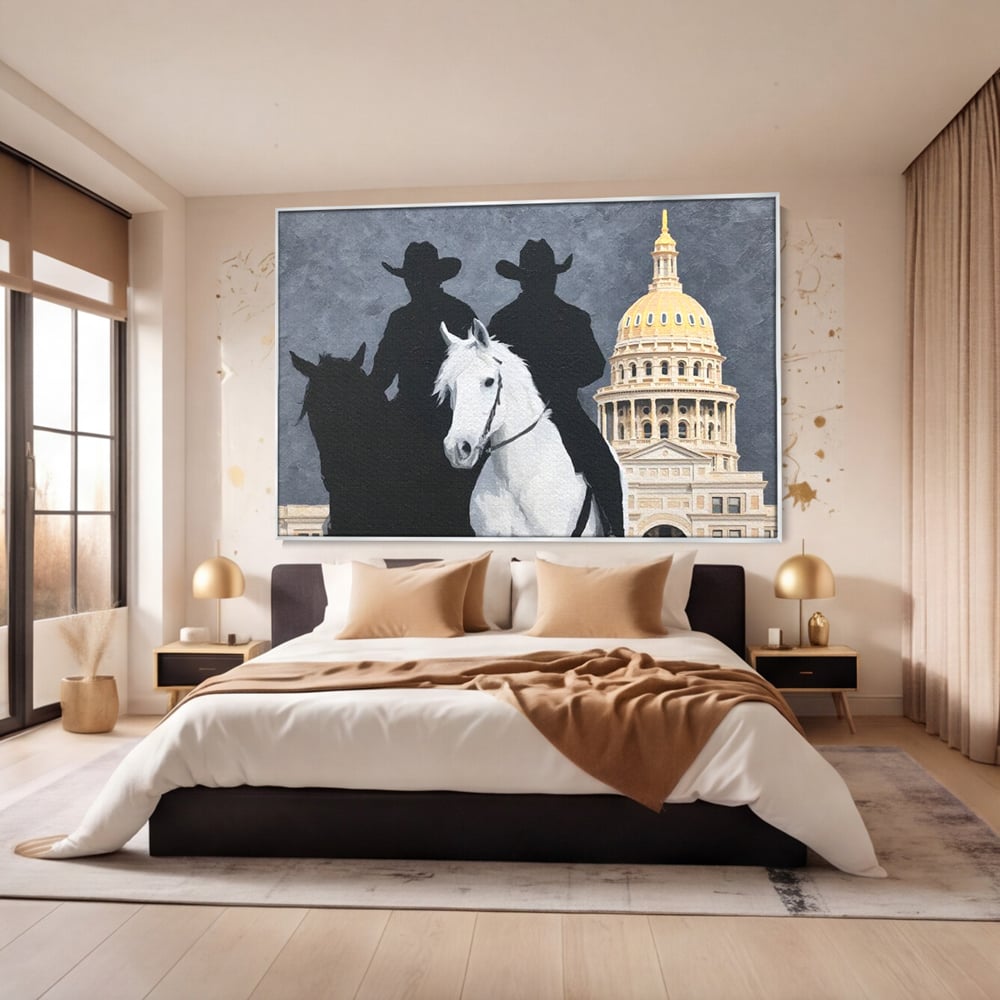 Leinwand Wandkunst Canvas Wall Art Premium, LuxCanva® M1541, Snow Patrol, Reiter, Schatten, Urban, Weißes Pferd, Cowboy, Silhouette, Mystery, Gebäude, Schlafzimmer, Büro, Wohnen, Wohnzimmer, Kinderzimmer