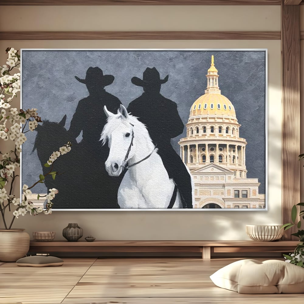 Leinwand Wandkunst Canvas Wall Art Premium, LuxCanva® M1541, Snow Patrol, Reiter, Schatten, Urban, Weißes Pferd, Cowboy, Silhouette, Mystery, Gebäude, Schlafzimmer, Büro, Wohnen, Wohnzimmer, Kinderzimmer