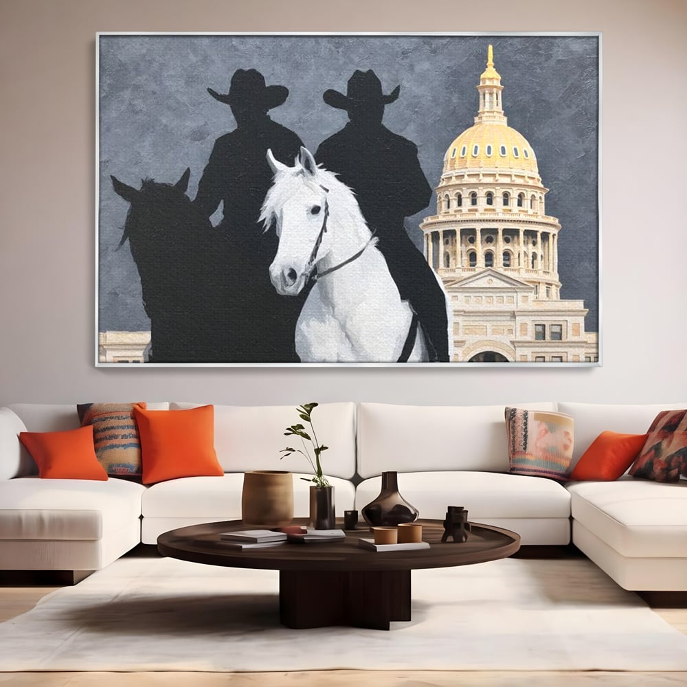 Leinwand Wandkunst Canvas Wall Art Premium, LuxCanva® M1541, Snow Patrol, Reiter, Schatten, Urban, Weißes Pferd, Cowboy, Silhouette, Mystery, Gebäude, Schlafzimmer, Büro, Wohnen, Wohnzimmer, Kinderzimmer