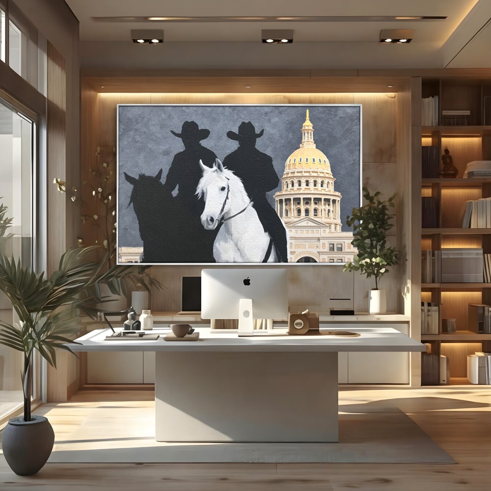 Leinwand Wandkunst Canvas Wall Art Premium, LuxCanva® M1541, Snow Patrol, Reiter, Schatten, Urban, Weißes Pferd, Cowboy, Silhouette, Mystery, Gebäude, Schlafzimmer, Büro, Wohnen, Wohnzimmer, Kinderzimmer