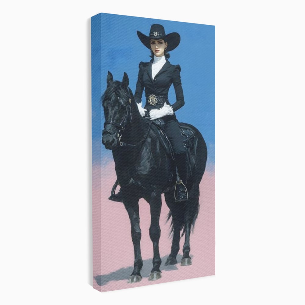 Tablou Canvas Premium, LuxCanva® M1542, Regina Vestului Salbatic, Vintage, Femeie, Costum, Palarie, Cowboy, Armasar, Cal, Animal, Eleganta, Dormitor, Birou, Living, Camera Copil