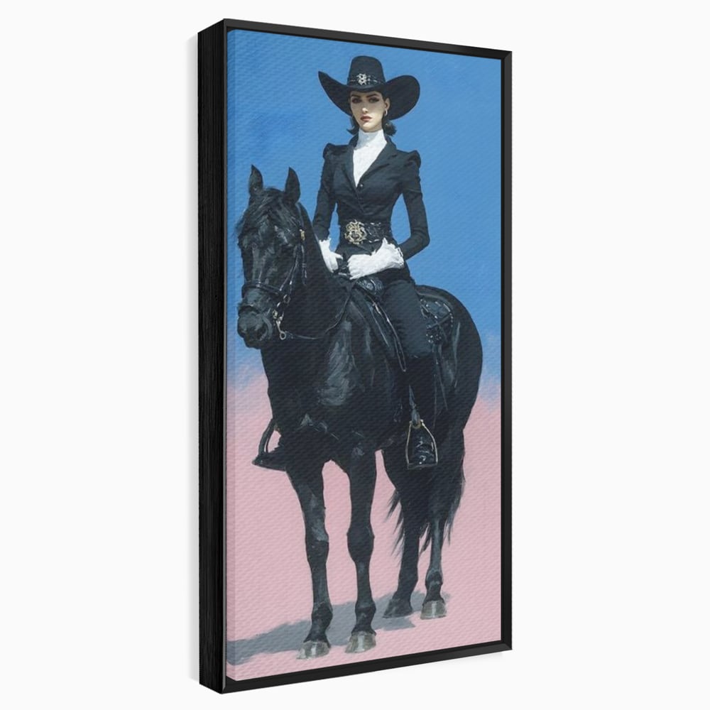 Tablou Canvas Premium, LuxCanva® M1542, Regina Vestului Salbatic, Vintage, Femeie, Costum, Palarie, Cowboy, Armasar, Cal, Animal, Eleganta, Dormitor, Birou, Living, Camera Copil