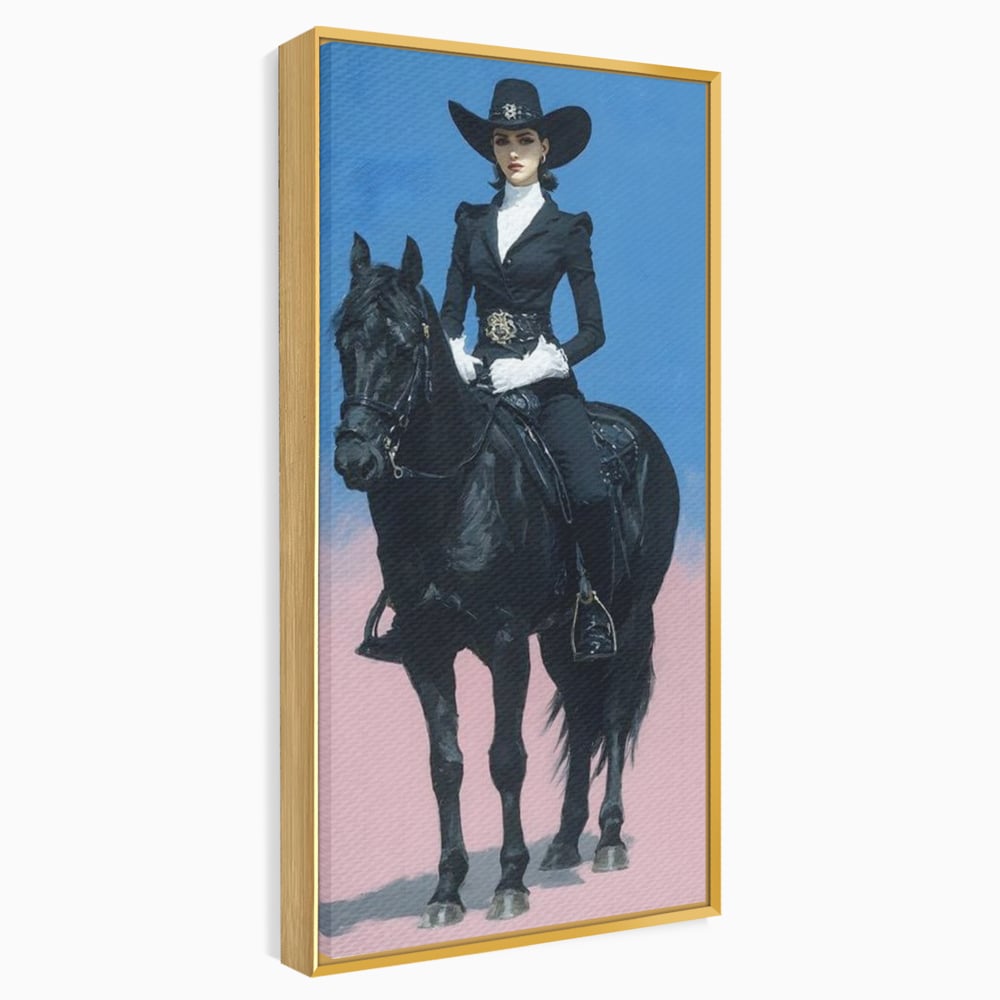 Tablou Canvas Premium, LuxCanva® M1542, Regina Vestului Salbatic, Vintage, Femeie, Costum, Palarie, Cowboy, Armasar, Cal, Animal, Eleganta, Dormitor, Birou, Living, Camera Copil