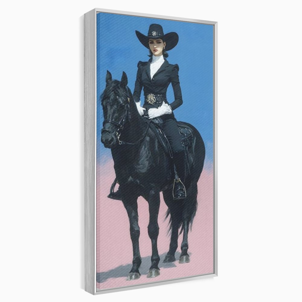 Tablou Canvas Premium, LuxCanva® M1542, Regina Vestului Salbatic, Vintage, Femeie, Costum, Palarie, Cowboy, Armasar, Cal, Animal, Eleganta, Dormitor, Birou, Living, Camera Copil