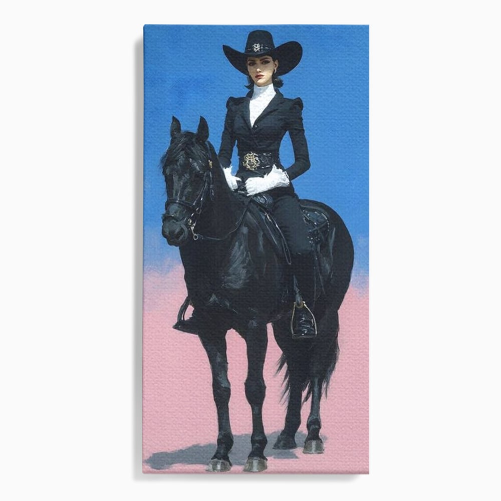 Tablou Canvas Premium, LuxCanva® M1542, Regina Vestului Salbatic, Vintage, Femeie, Costum, Palarie, Cowboy, Armasar, Cal, Animal, Eleganta, Dormitor, Birou, Living, Camera Copil