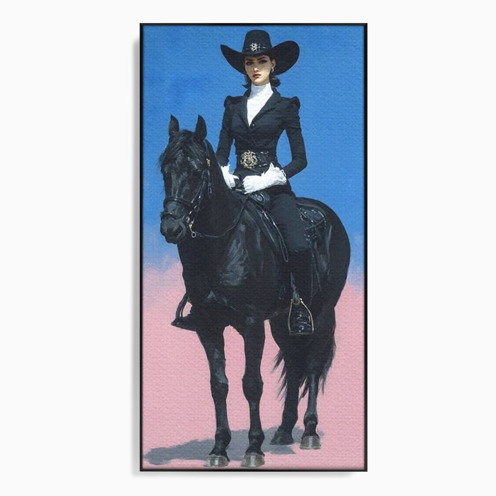 Tablou Canvas Premium, LuxCanva® M1542, Regina Vestului Salbatic, Vintage, Femeie, Costum, Palarie, Cowboy, Armasar, Cal, Animal, Eleganta, Dormitor, Birou, Living, Camera Copil