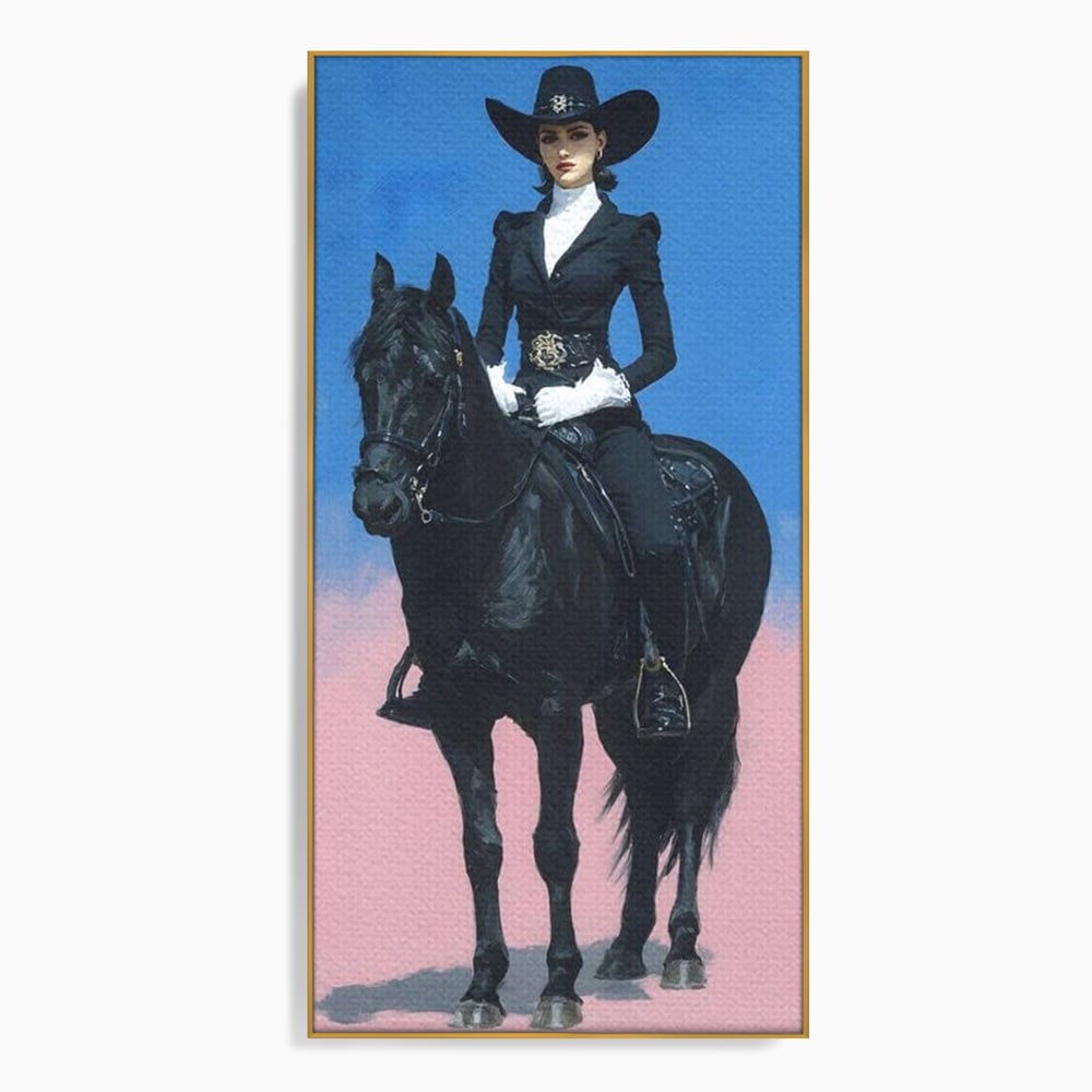 Tablou Canvas Premium, LuxCanva® M1542, Regina Vestului Salbatic, Vintage, Femeie, Costum, Palarie, Cowboy, Armasar, Cal, Animal, Eleganta, Dormitor, Birou, Living, Camera Copil