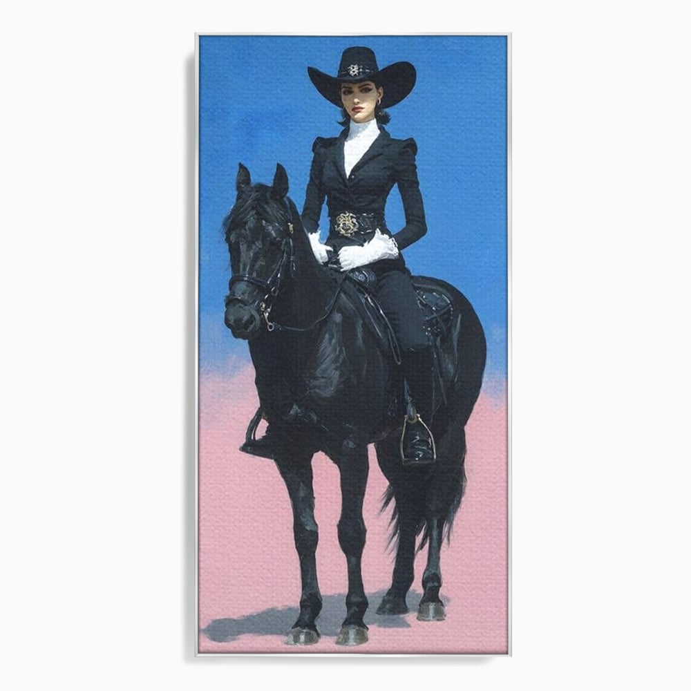 Tablou Canvas Premium, LuxCanva® M1542, Regina Vestului Salbatic, Vintage, Femeie, Costum, Palarie, Cowboy, Armasar, Cal, Animal, Eleganta, Dormitor, Birou, Living, Camera Copil
