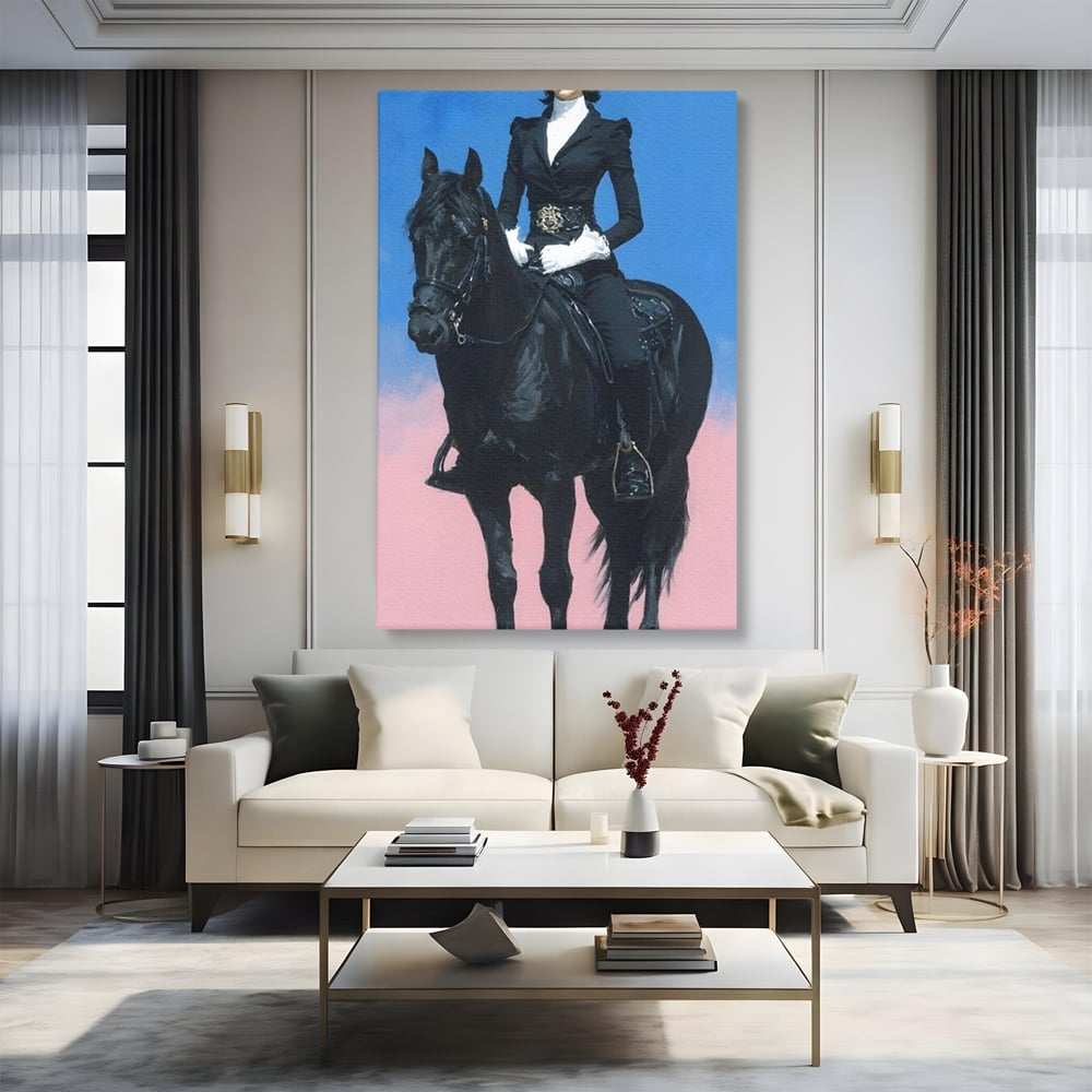 Tablou Canvas Premium, LuxCanva® M1542, Regina Vestului Salbatic, Vintage, Femeie, Costum, Palarie, Cowboy, Armasar, Cal, Animal, Eleganta, Dormitor, Birou, Living, Camera Copil