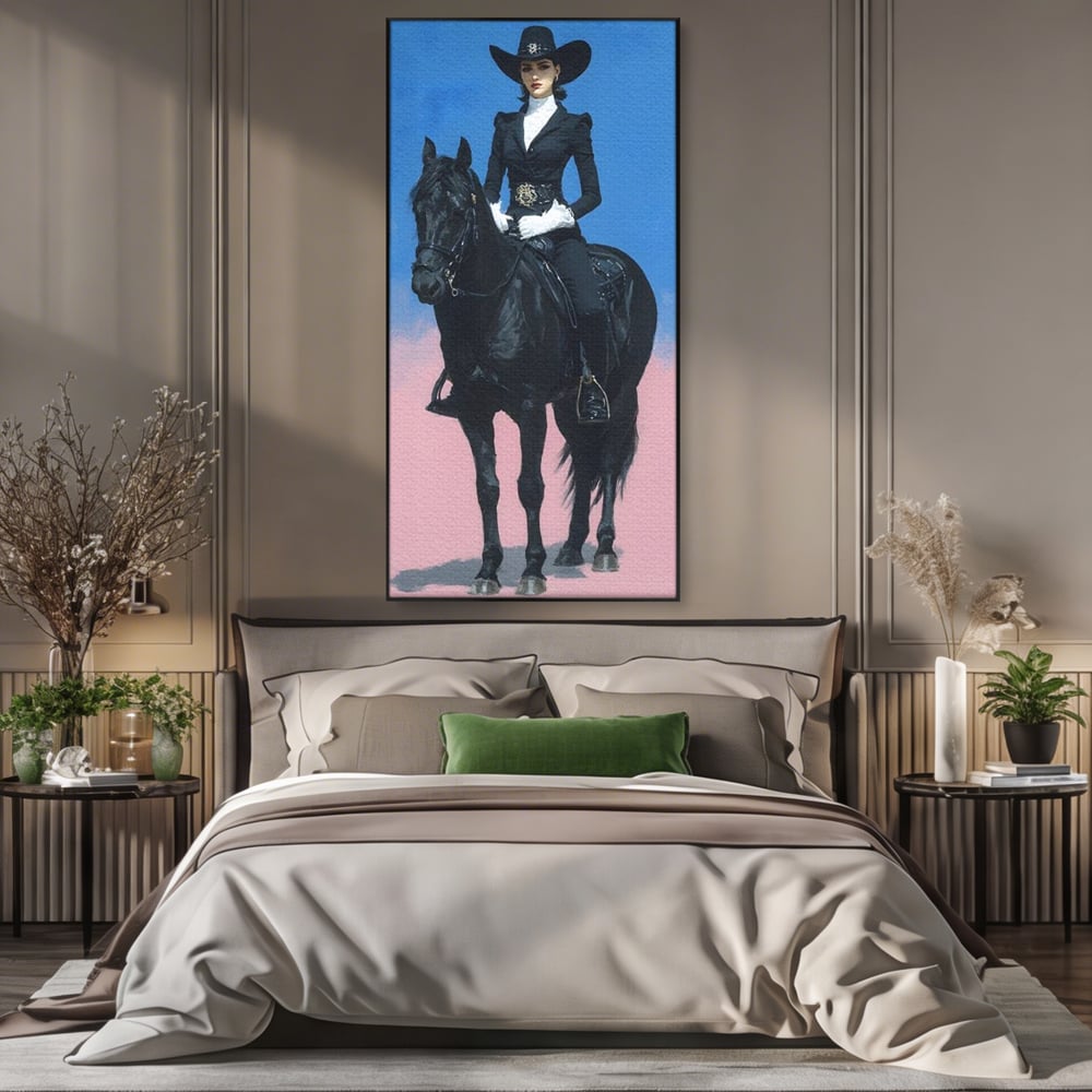 Tablou Canvas Premium, LuxCanva® M1542, Regina Vestului Salbatic, Vintage, Femeie, Costum, Palarie, Cowboy, Armasar, Cal, Animal, Eleganta, Dormitor, Birou, Living, Camera Copil
