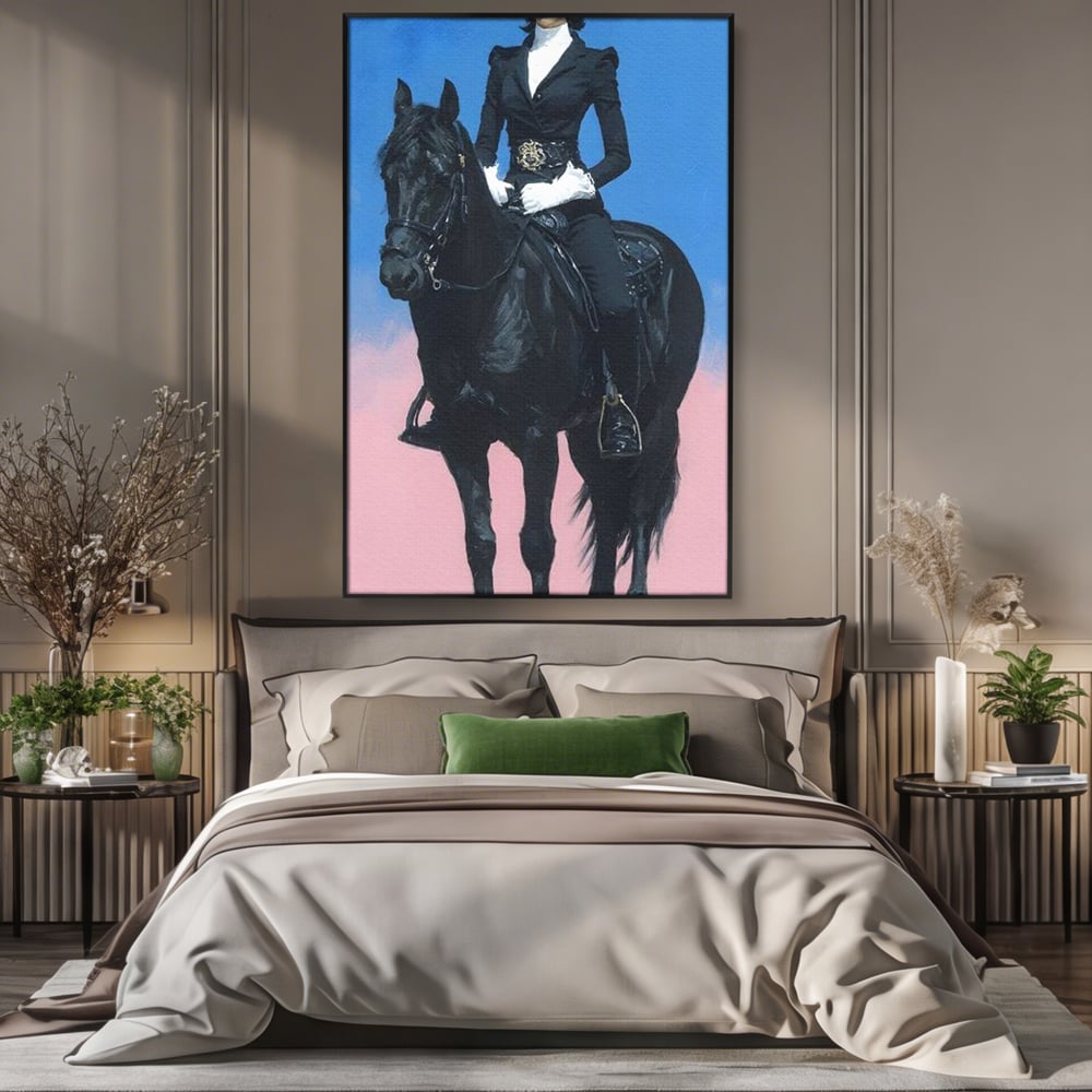 Tablou Canvas Premium, LuxCanva® M1542, Regina Vestului Salbatic, Vintage, Femeie, Costum, Palarie, Cowboy, Armasar, Cal, Animal, Eleganta, Dormitor, Birou, Living, Camera Copil