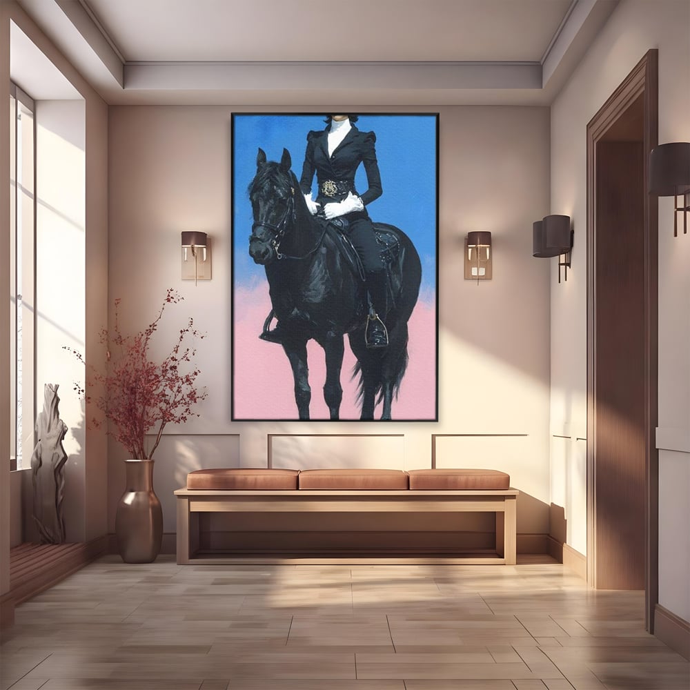 Tablou Canvas Premium, LuxCanva® M1542, Regina Vestului Salbatic, Vintage, Femeie, Costum, Palarie, Cowboy, Armasar, Cal, Animal, Eleganta, Dormitor, Birou, Living, Camera Copil