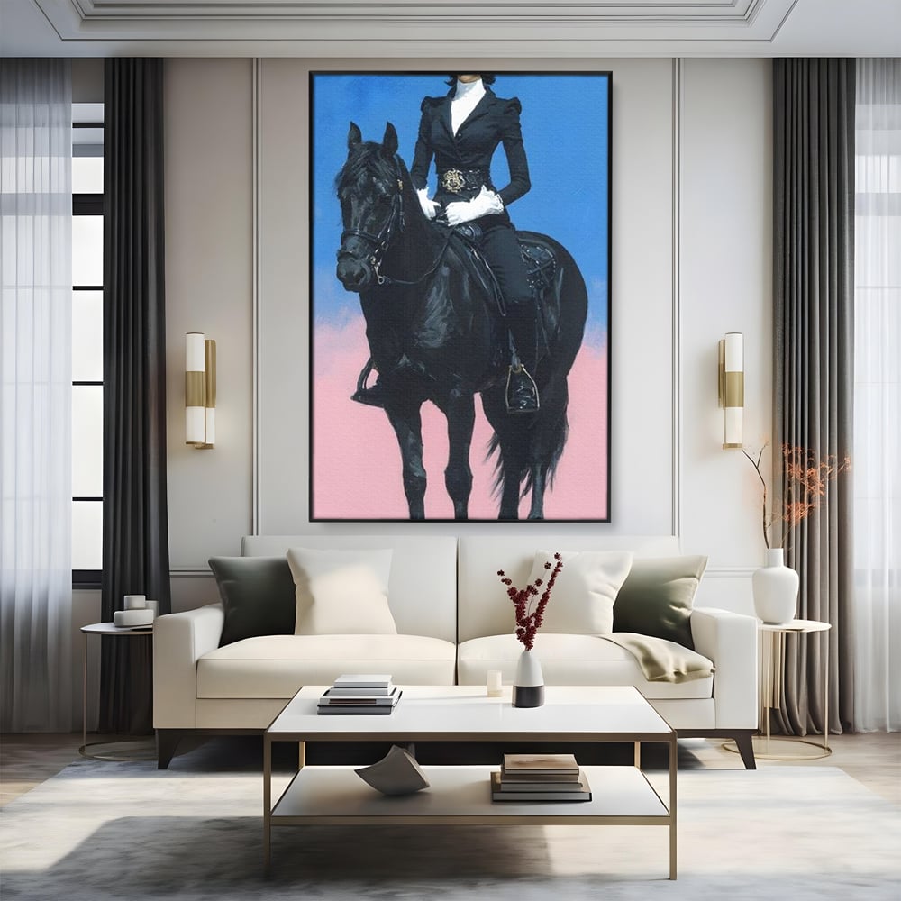 Tablou Canvas Premium, LuxCanva® M1542, Regina Vestului Salbatic, Vintage, Femeie, Costum, Palarie, Cowboy, Armasar, Cal, Animal, Eleganta, Dormitor, Birou, Living, Camera Copil