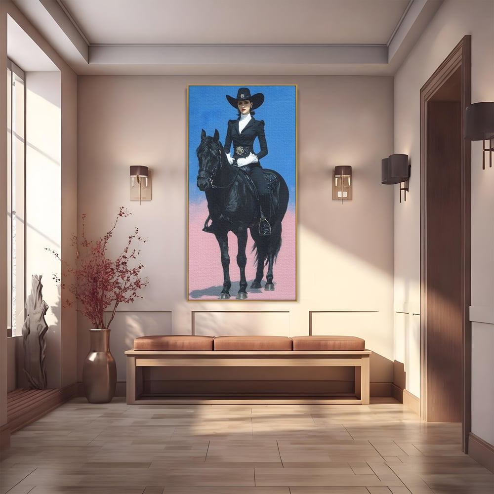 Tablou Canvas Premium, LuxCanva® M1542, Regina Vestului Salbatic, Vintage, Femeie, Costum, Palarie, Cowboy, Armasar, Cal, Animal, Eleganta, Dormitor, Birou, Living, Camera Copil