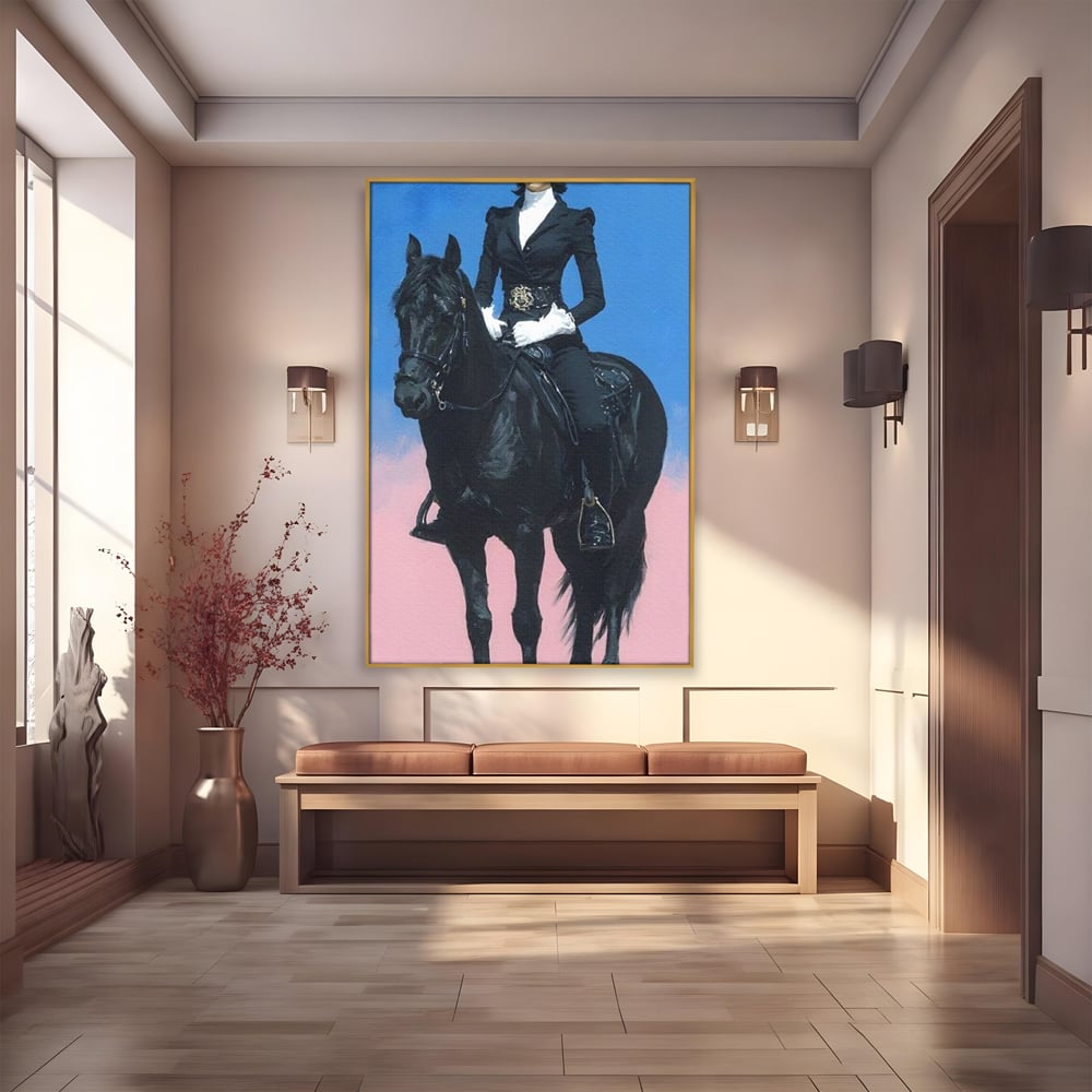 Tablou Canvas Premium, LuxCanva® M1542, Regina Vestului Salbatic, Vintage, Femeie, Costum, Palarie, Cowboy, Armasar, Cal, Animal, Eleganta, Dormitor, Birou, Living, Camera Copil