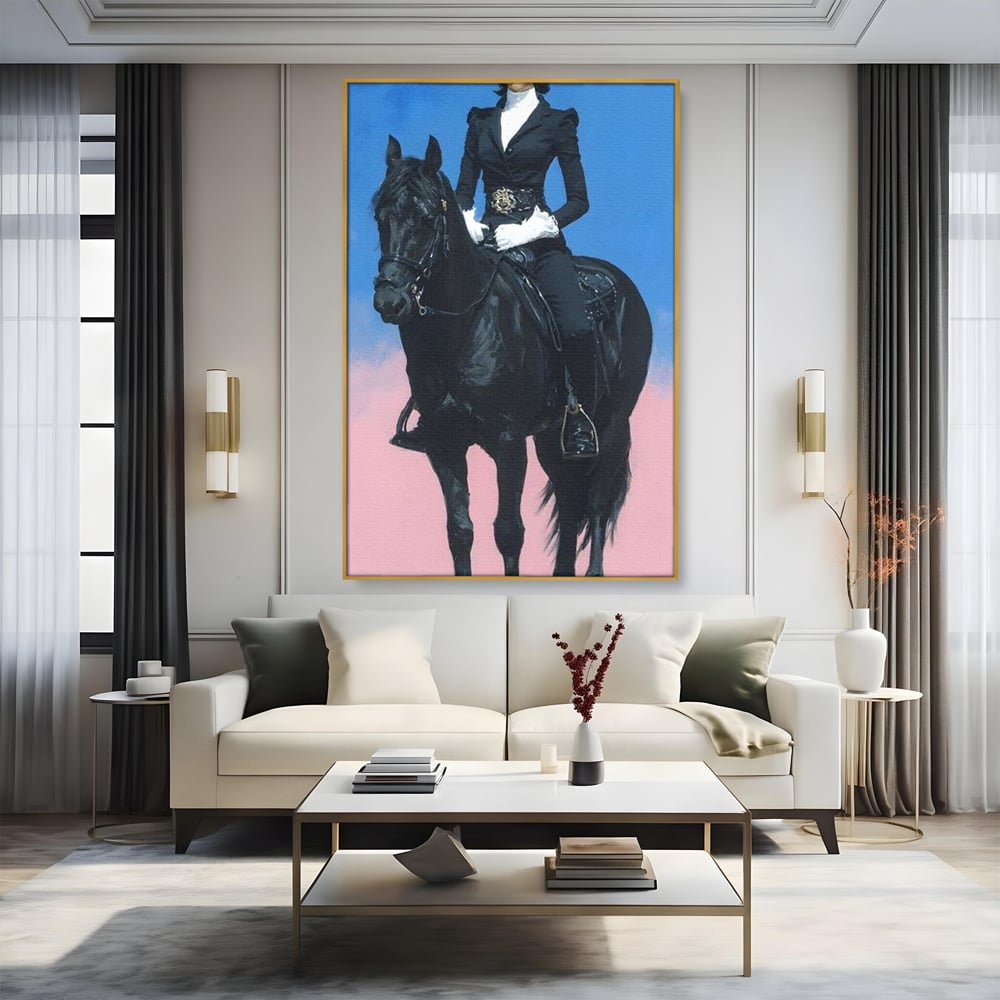 Tablou Canvas Premium, LuxCanva® M1542, Regina Vestului Salbatic, Vintage, Femeie, Costum, Palarie, Cowboy, Armasar, Cal, Animal, Eleganta, Dormitor, Birou, Living, Camera Copil