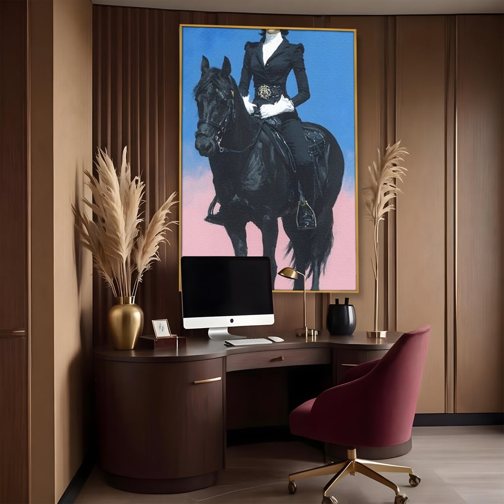 Tablou Canvas Premium, LuxCanva® M1542, Regina Vestului Salbatic, Vintage, Femeie, Costum, Palarie, Cowboy, Armasar, Cal, Animal, Eleganta, Dormitor, Birou, Living, Camera Copil
