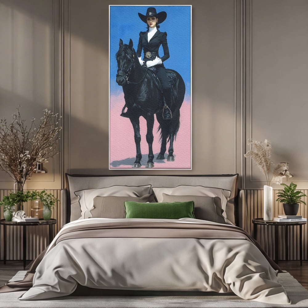 Tablou Canvas Premium, LuxCanva® M1542, Regina Vestului Salbatic, Vintage, Femeie, Costum, Palarie, Cowboy, Armasar, Cal, Animal, Eleganta, Dormitor, Birou, Living, Camera Copil