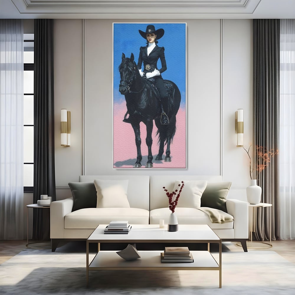 Tablou Canvas Premium, LuxCanva® M1542, Regina Vestului Salbatic, Vintage, Femeie, Costum, Palarie, Cowboy, Armasar, Cal, Animal, Eleganta, Dormitor, Birou, Living, Camera Copil