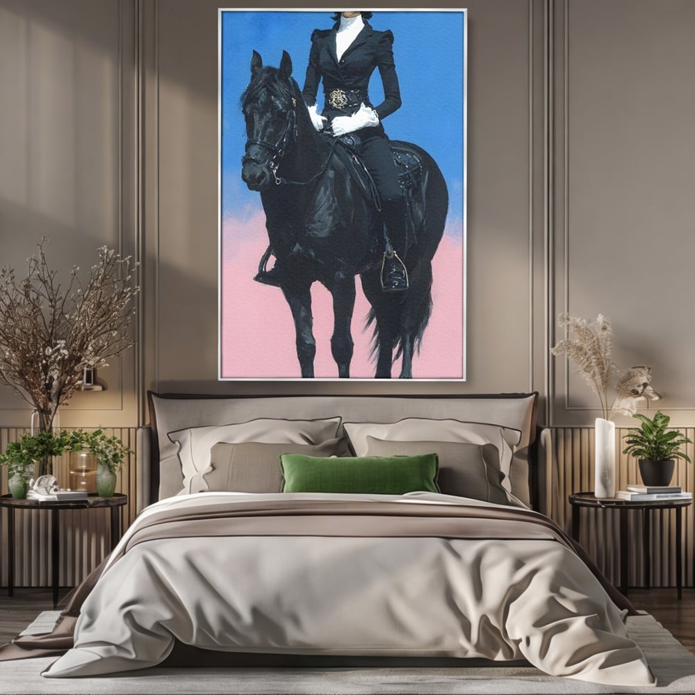 Tablou Canvas Premium, LuxCanva® M1542, Regina Vestului Salbatic, Vintage, Femeie, Costum, Palarie, Cowboy, Armasar, Cal, Animal, Eleganta, Dormitor, Birou, Living, Camera Copil