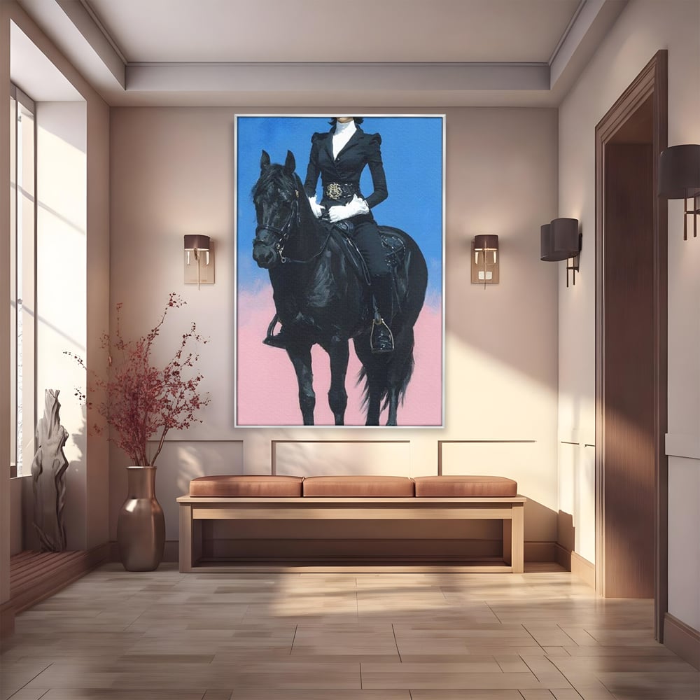 Tablou Canvas Premium, LuxCanva® M1542, Regina Vestului Salbatic, Vintage, Femeie, Costum, Palarie, Cowboy, Armasar, Cal, Animal, Eleganta, Dormitor, Birou, Living, Camera Copil