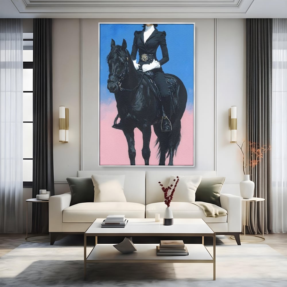 Tablou Canvas Premium, LuxCanva® M1542, Regina Vestului Salbatic, Vintage, Femeie, Costum, Palarie, Cowboy, Armasar, Cal, Animal, Eleganta, Dormitor, Birou, Living, Camera Copil