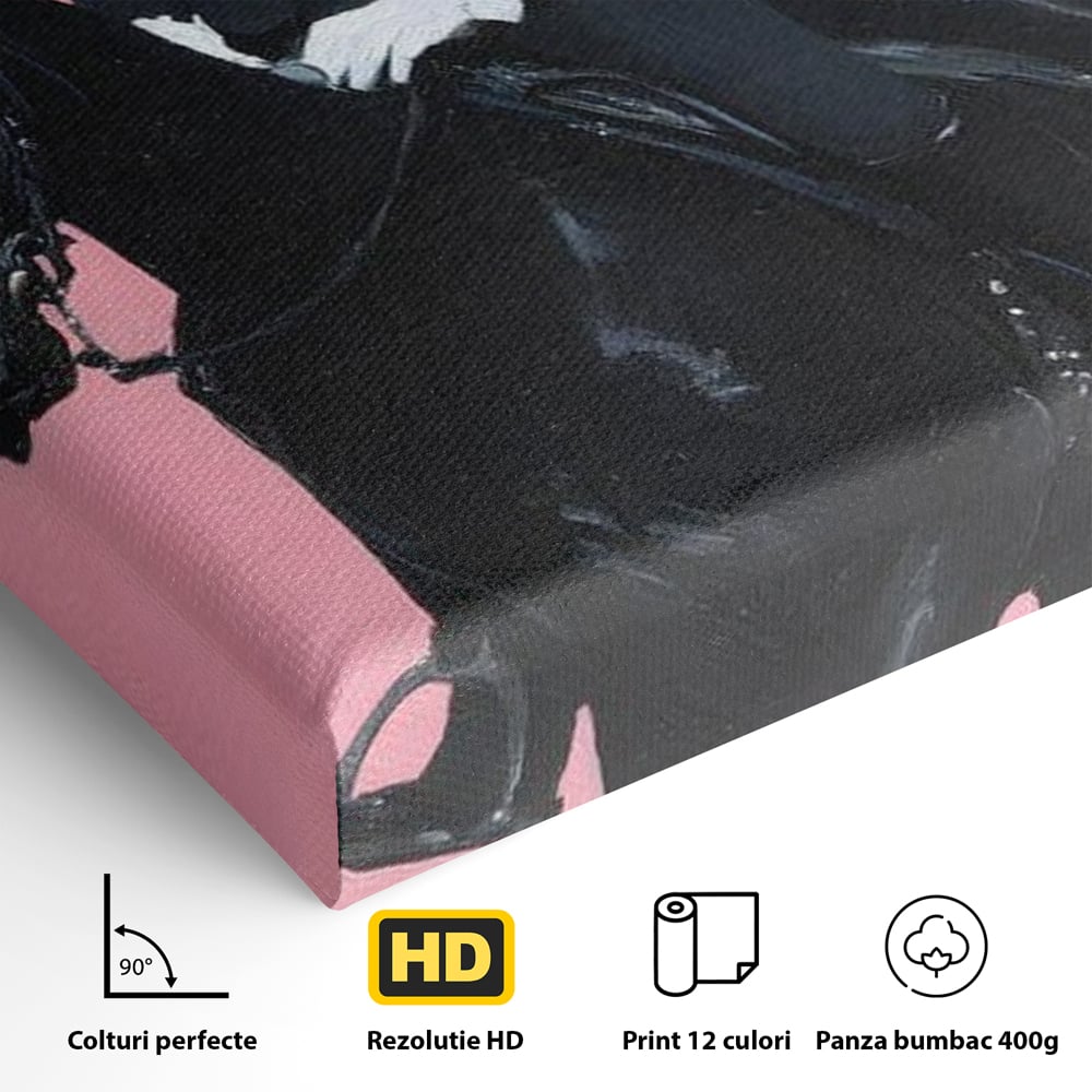 Tablou Canvas Premium, LuxCanva® M1543, Doamna din Vest, Western, Cal Negru, Femeie, Roz, Palarie, Vintage, Calaret, Dormitor, Birou, Living, Camera Copil