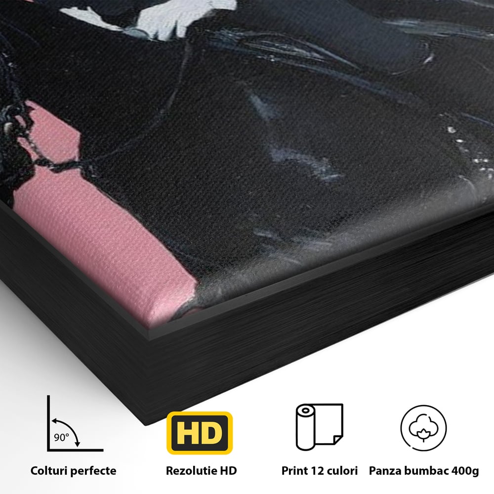 Tablou Canvas Premium, LuxCanva® M1543, Doamna din Vest, Western, Cal Negru, Femeie, Roz, Palarie, Vintage, Calaret, Dormitor, Birou, Living, Camera Copil