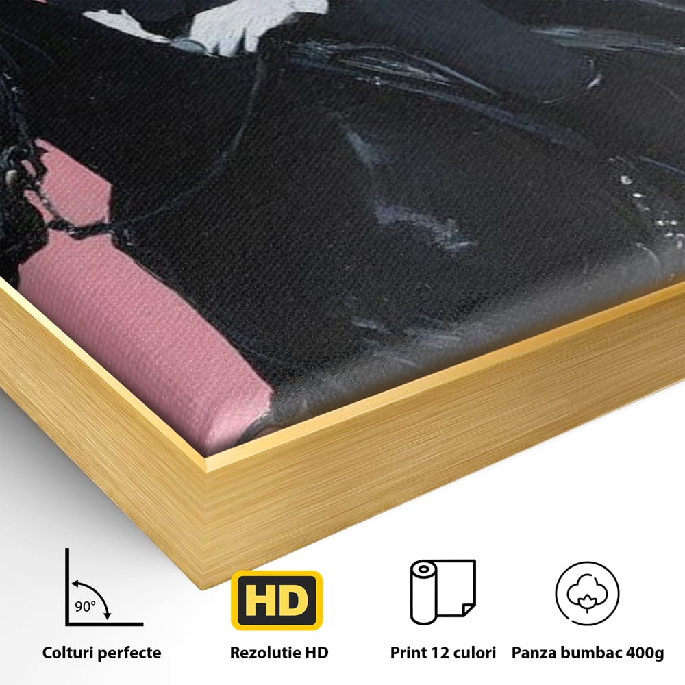 Tablou Canvas Premium, LuxCanva® M1543, Doamna din Vest, Western, Cal Negru, Femeie, Roz, Palarie, Vintage, Calaret, Dormitor, Birou, Living, Camera Copil